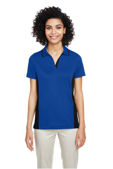 Harriton M386W Womens Flash Performance Moisture Wicking Colorblock Short Sleeve Polo Shirt True Royal Blue/Black Model Front