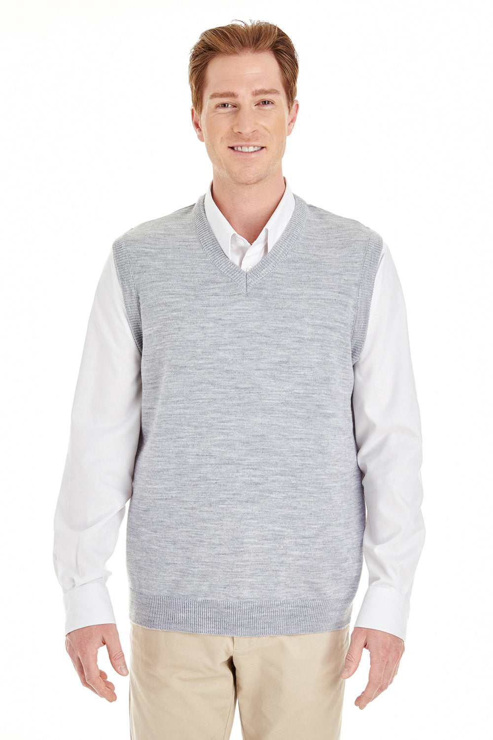 Harriton M415 Mens Pilbloc Pill Resistant V-Neck Sweater Vest Heather Grey Model Front