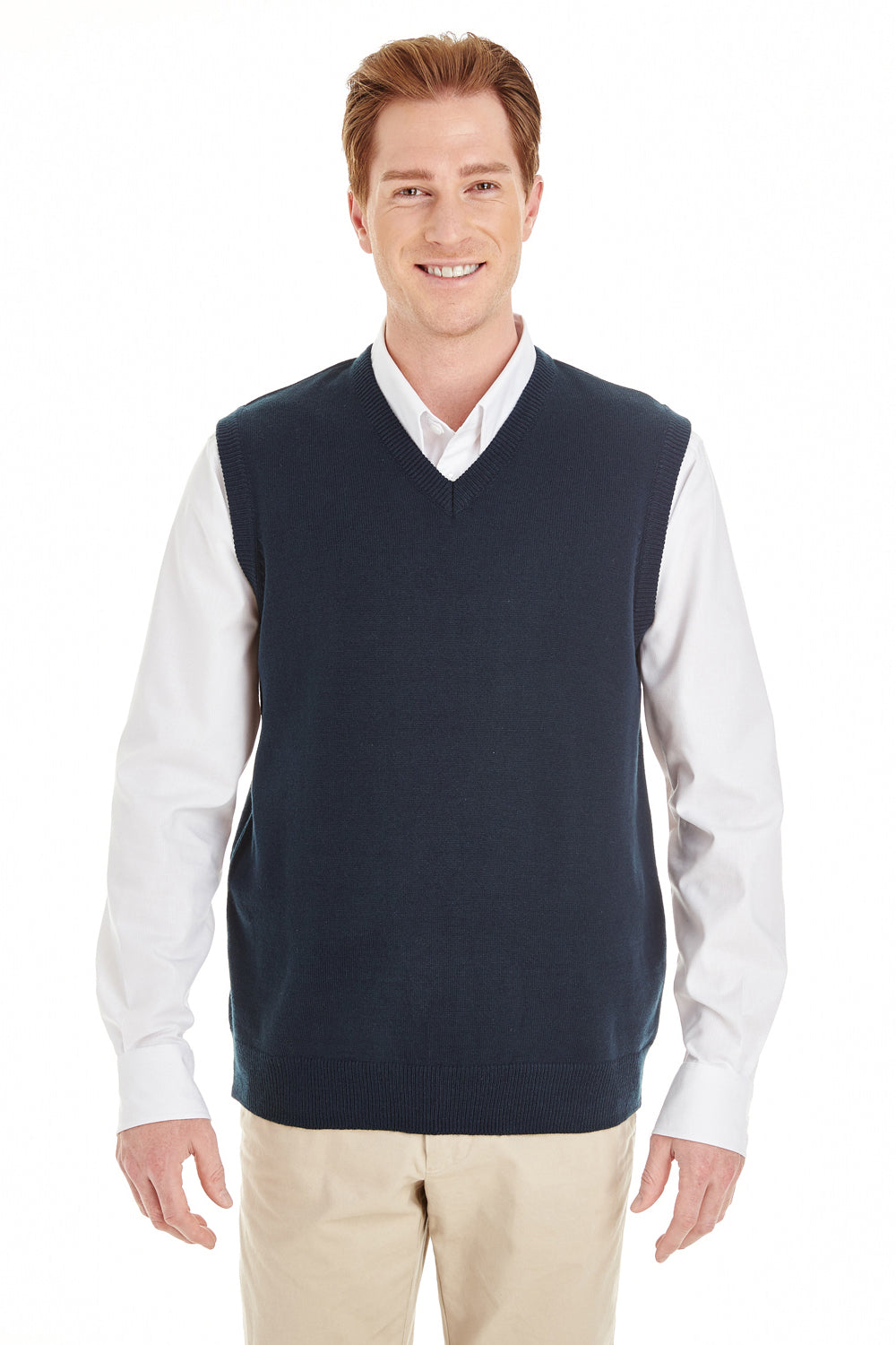 Harriton M415 Mens Pilbloc Pill Resistant V-Neck Sweater Vest Dark Navy Blue Model Front