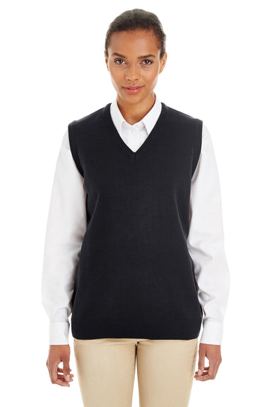 Harriton M415W Womens Pilbloc Pill Resistant V-Neck Sweater Vest Black Model Front