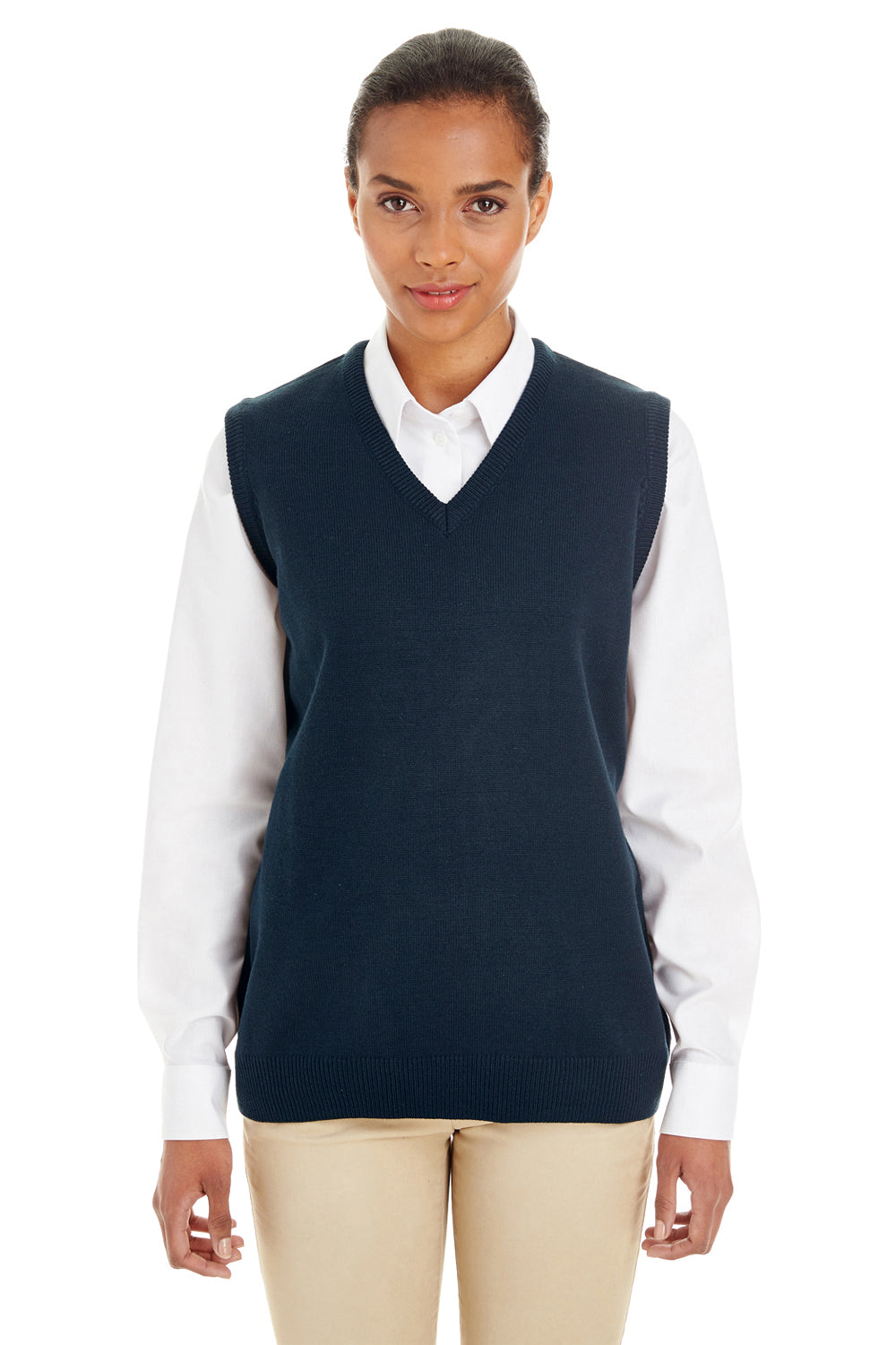 Harriton M415W Womens Pilbloc Pill Resistant V-Neck Sweater Vest Dark Navy Blue Model Front