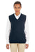 Harriton M415W Womens Pilbloc Pill Resistant V-Neck Sweater Vest Dark Navy Blue Model Front