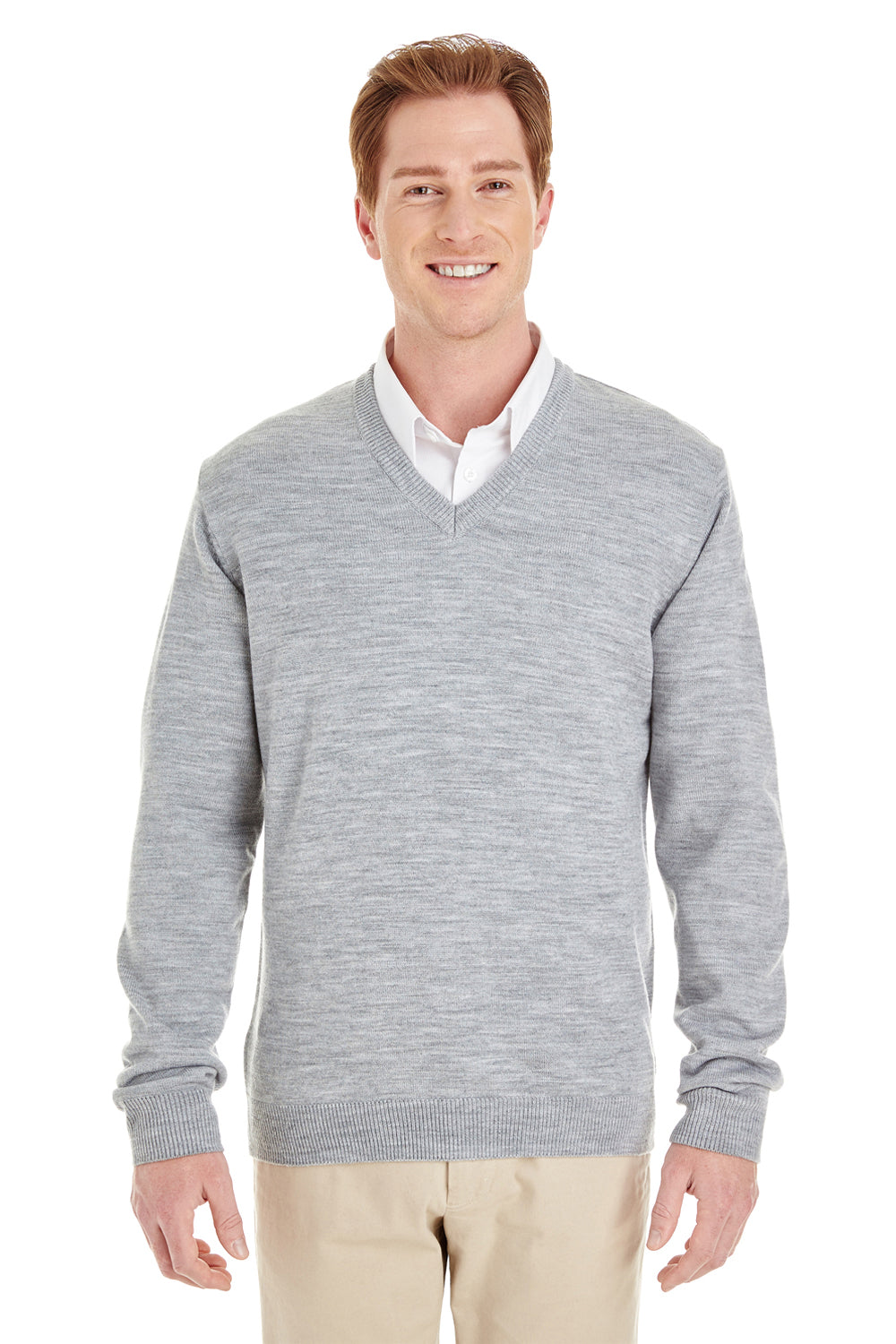 Harriton M420 Mens Pilbloc Pill Resistant V-Neck Long Sleeve Sweater Heather Grey Model Front