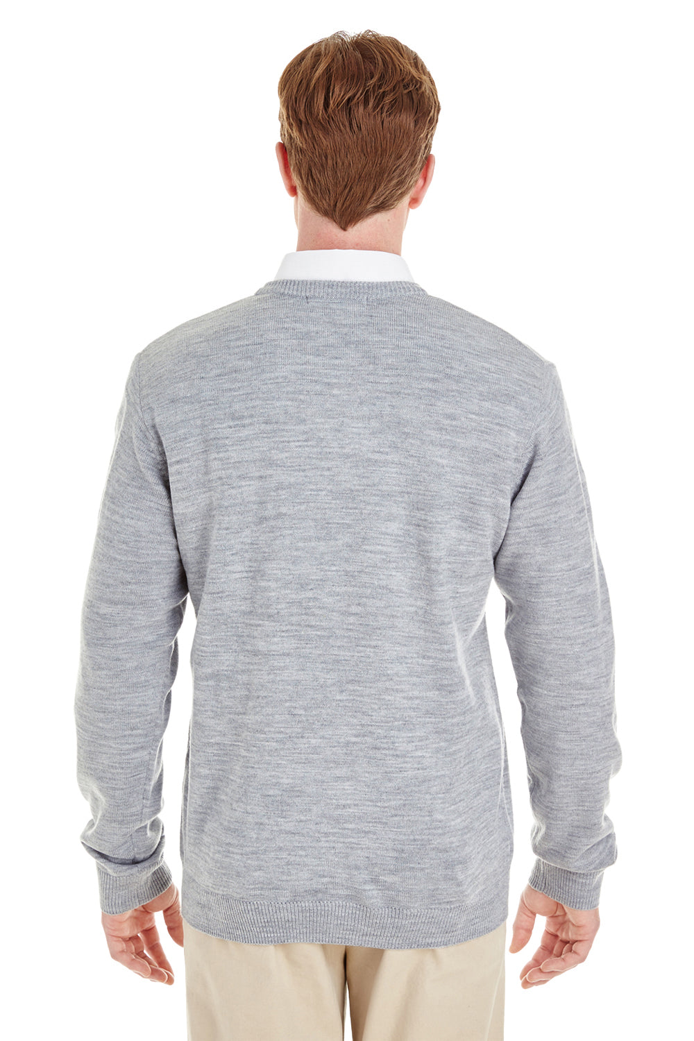 Harriton M420 Mens Pilbloc Pill Resistant V-Neck Long Sleeve Sweater Heather Grey Model Back