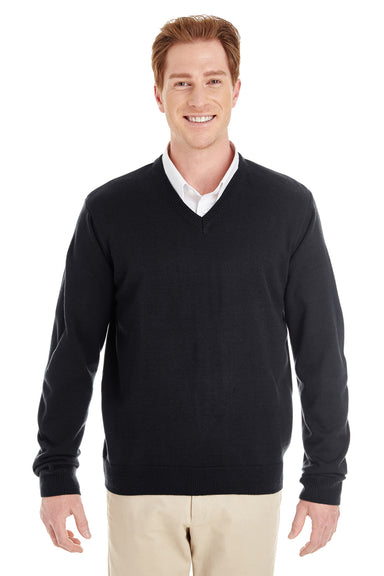 Harriton M420 Mens Pilbloc Pill Resistant V-Neck Long Sleeve Sweater Black Model Front