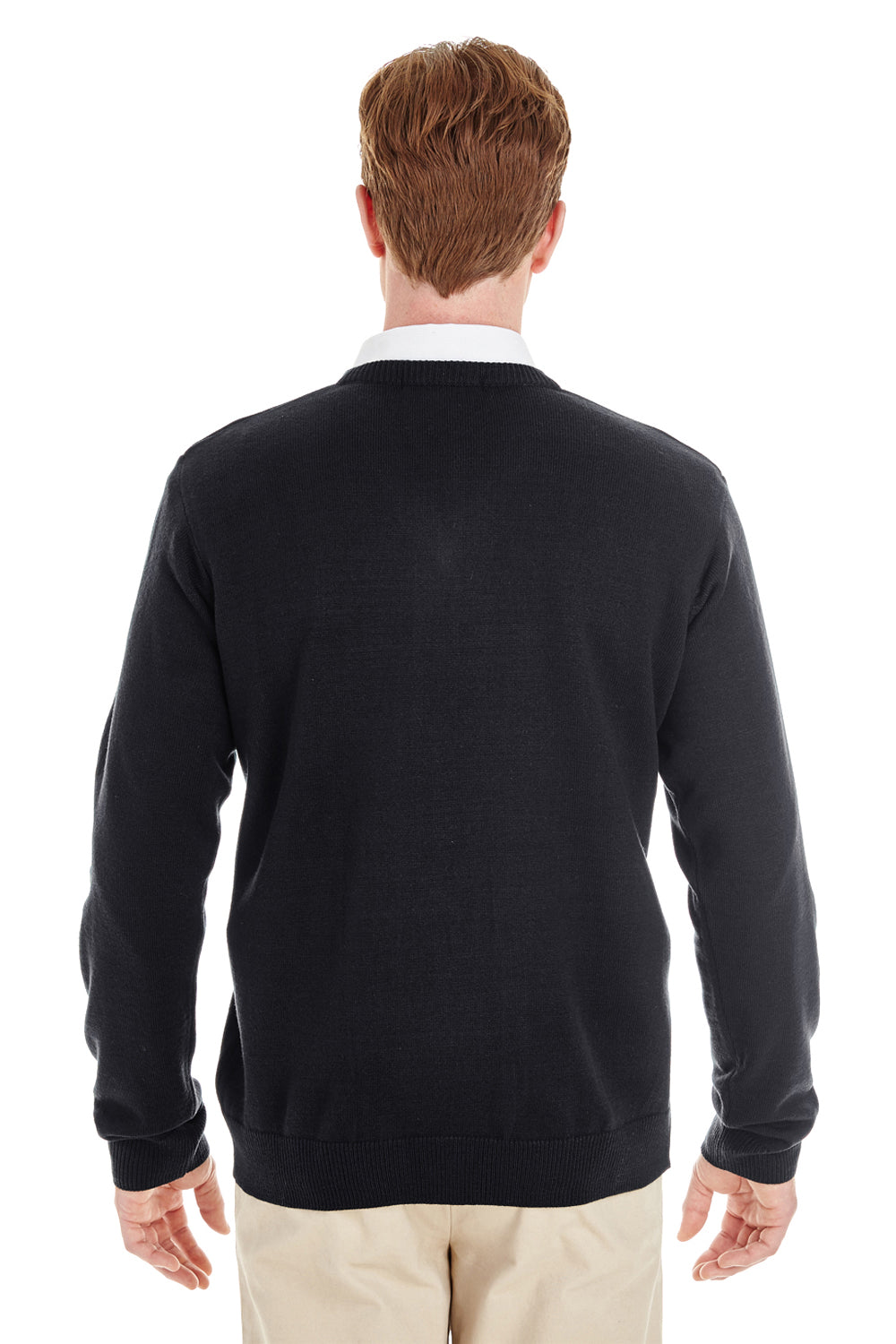 Harriton M420 Mens Pilbloc Pill Resistant V-Neck Long Sleeve Sweater Black Model Back