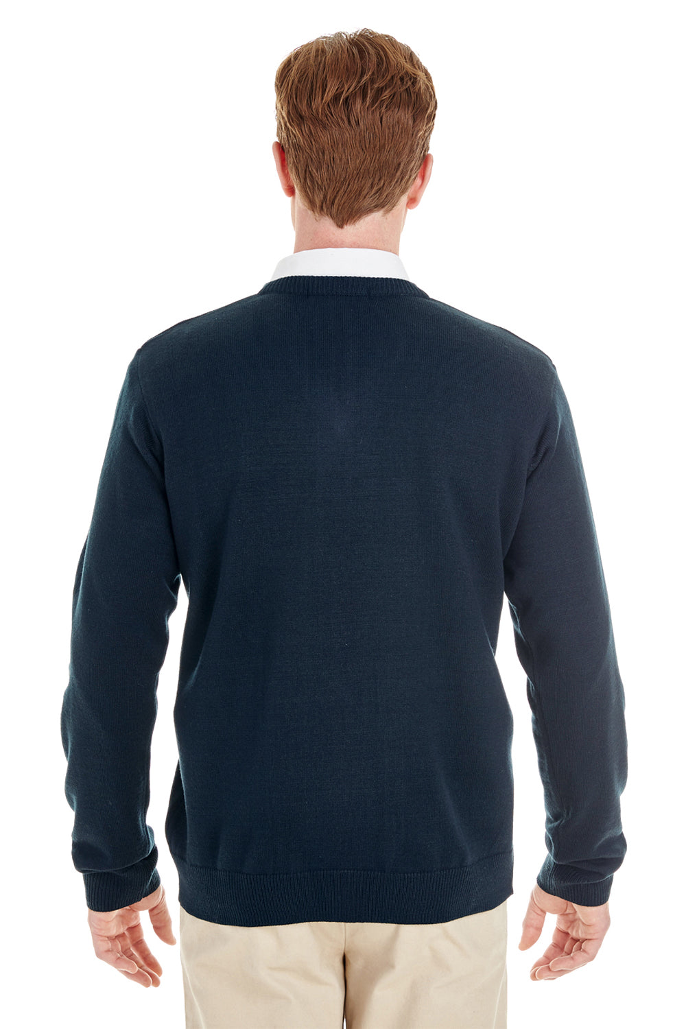 Harriton M420 Mens Pilbloc Pill Resistant V-Neck Long Sleeve Sweater Dark Navy Blue Model Back