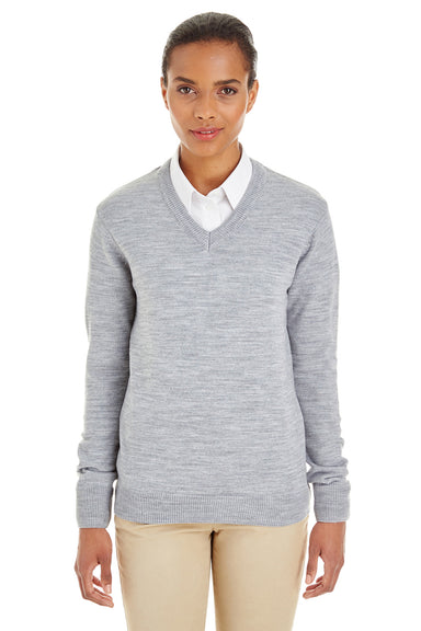 Harriton M420W Womens Pilbloc Pill Resistant V-Neck Long Sleeve Sweater Heather Grey Model Front