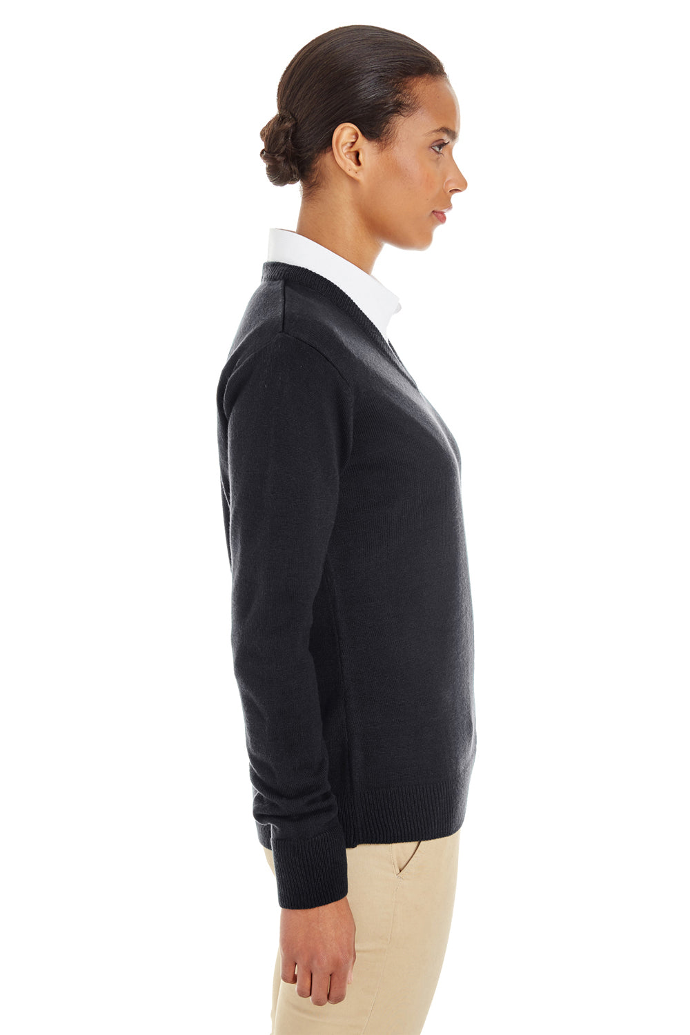 Harriton M420W Womens Pilbloc Pill Resistant V-Neck Long Sleeve Sweater Black Model Side