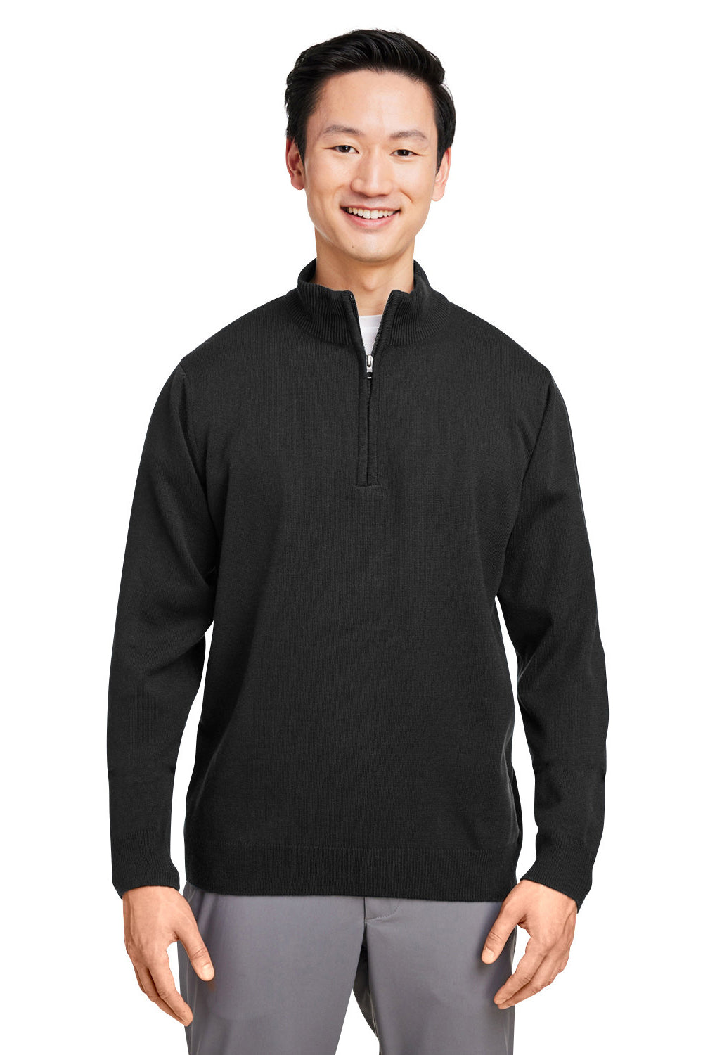 Harriton M421 Mens Pilbloc Pill Resistant 1/4 Zip Sweatshirt Black Model Front