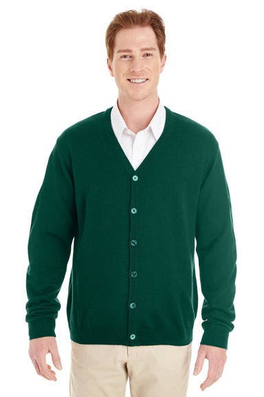 Harriton M425 Mens Pilbloc Pill Resistant Button Down Long Sleeve Cardigan Sweater Hunter Green Model Front