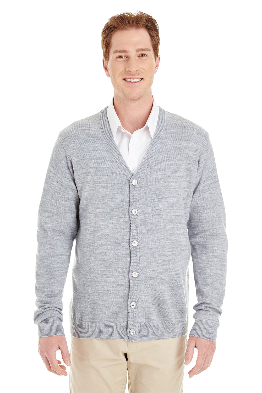 Harriton M425 Mens Pilbloc Pill Resistant Button Down Long Sleeve Cardigan Sweater Heather Grey Model Front