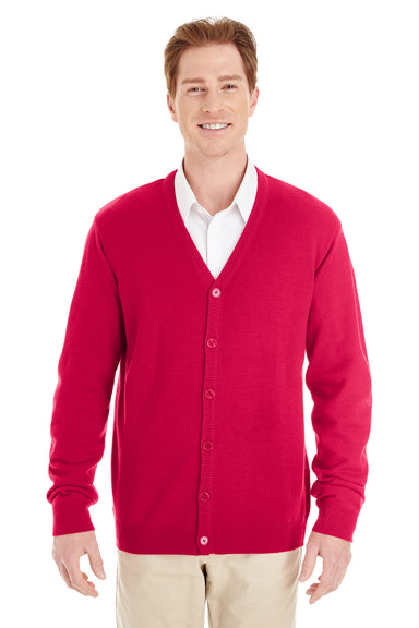 Harriton M425 Mens Pilbloc Pill Resistant Button Down Long Sleeve Cardigan Sweater Red Model Front