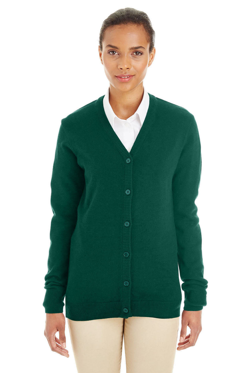 Harriton M425W Womens Pilbloc Pill Resistant Button Down Lone Sleeve Cardigan Sweater Hunter Green Model Front