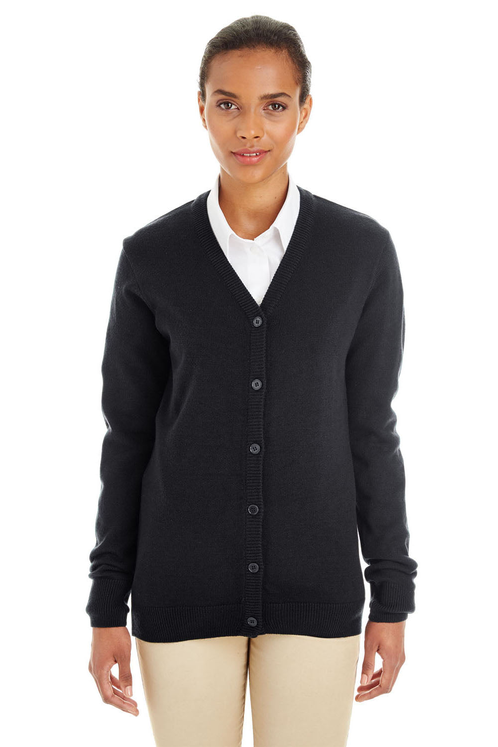 Harriton M425W Womens Pilbloc Pill Resistant Button Down Lone Sleeve Cardigan Sweater Black Model Front