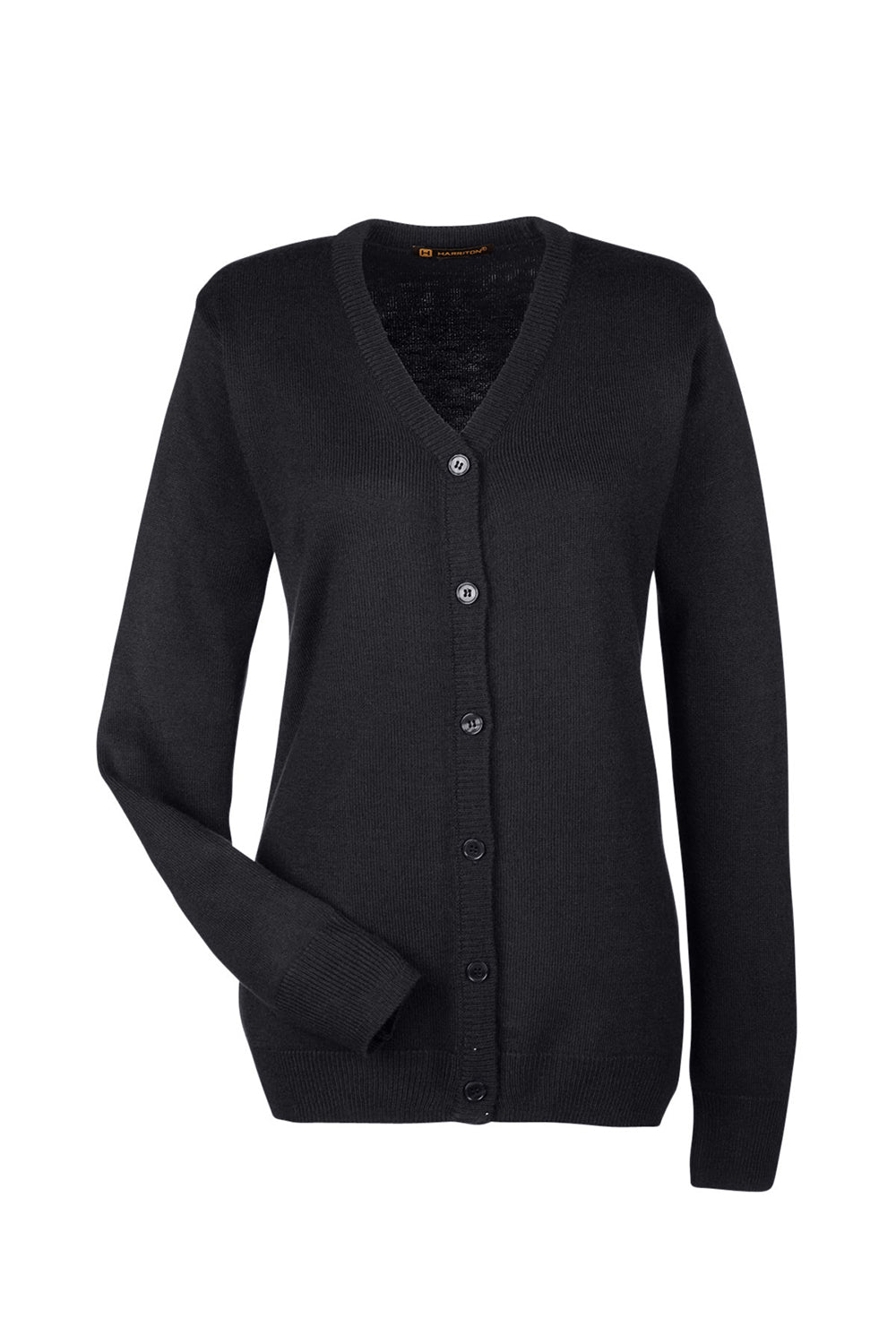 Harriton M425W Womens Pilbloc Pill Resistant Button Down Lone Sleeve Cardigan Sweater Black Flat Front