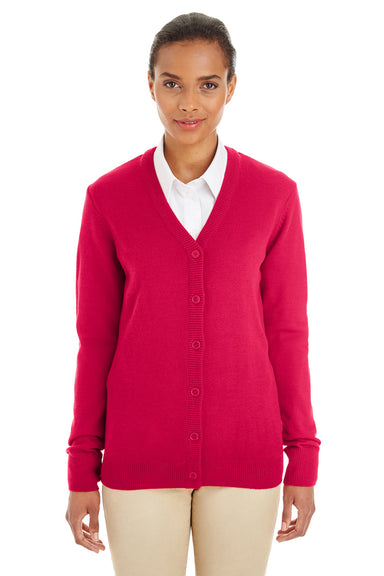 Harriton M425W Womens Pilbloc Pill Resistant Button Down Lone Sleeve Cardigan Sweater Red Model Front