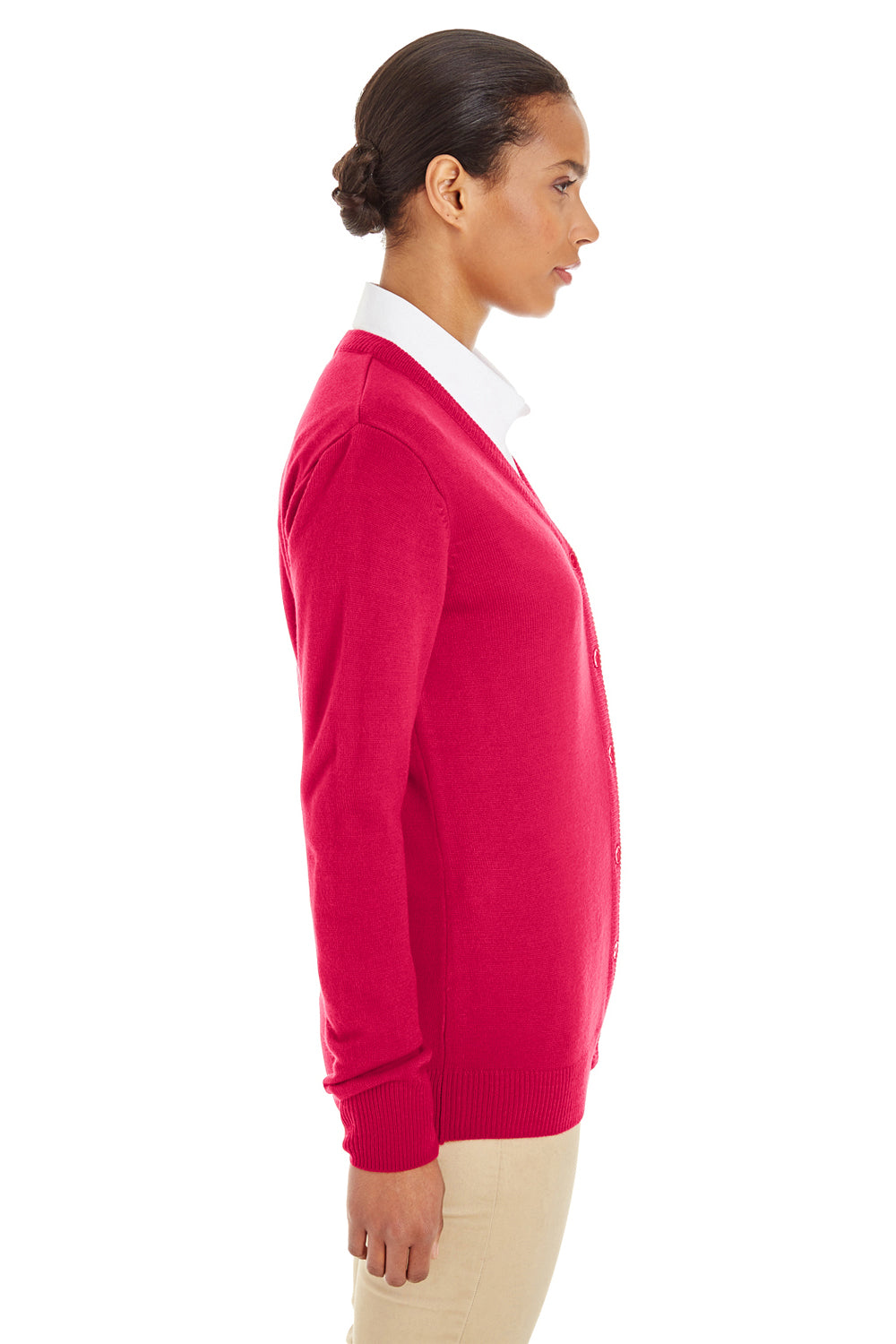 Harriton M425W Womens Pilbloc Pill Resistant Button Down Lone Sleeve Cardigan Sweater Red Model Side