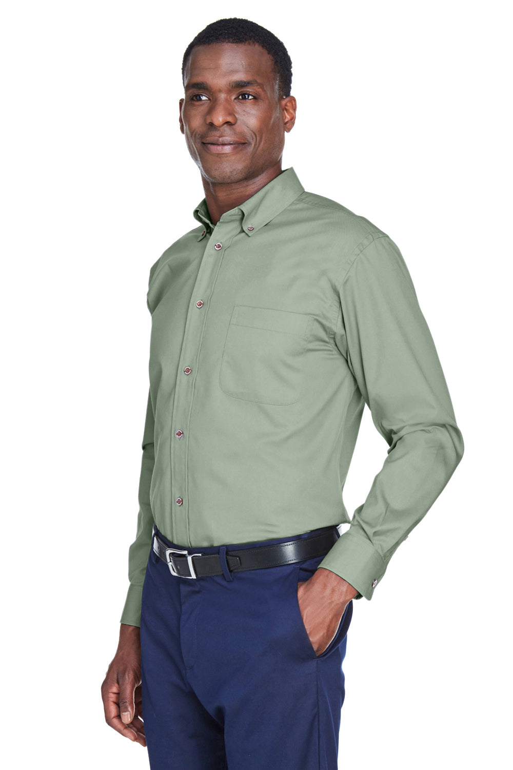 Harriton M500/M500T Mens Wrinkle Resistant Long Sleeve Button Down Shirt w/ Pocket Dill Green Model 3q