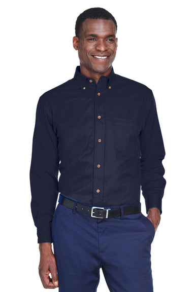 Harriton M500/M500T Mens Wrinkle Resistant Long Sleeve Button Down Shirt w/ Pocket Navy Blue Model Front