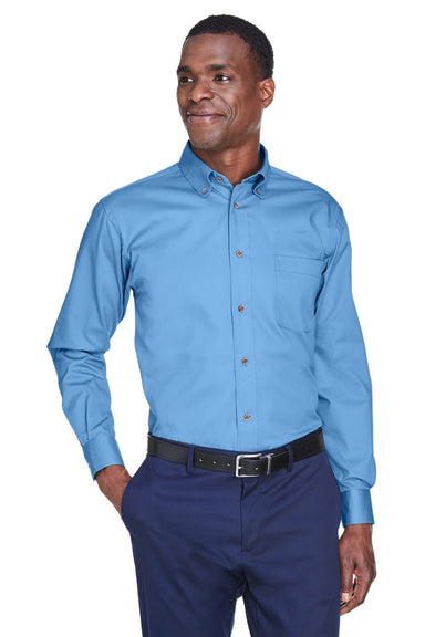 Harriton M500/M500T Mens Wrinkle Resistant Long Sleeve Button Down Shirt w/ Pocket Light College Blue Model Front