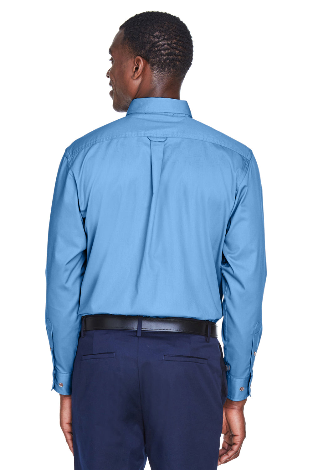 Harriton M500/M500T Mens Wrinkle Resistant Long Sleeve Button Down Shirt w/ Pocket Light College Blue Model Back