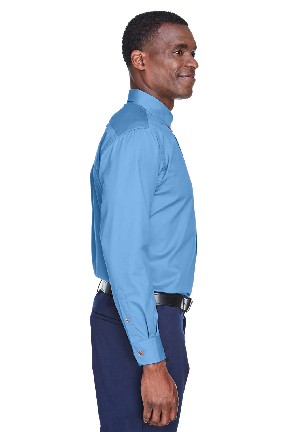 Harriton M500/M500T Mens Wrinkle Resistant Long Sleeve Button Down Shirt w/ Pocket Light College Blue Model Side