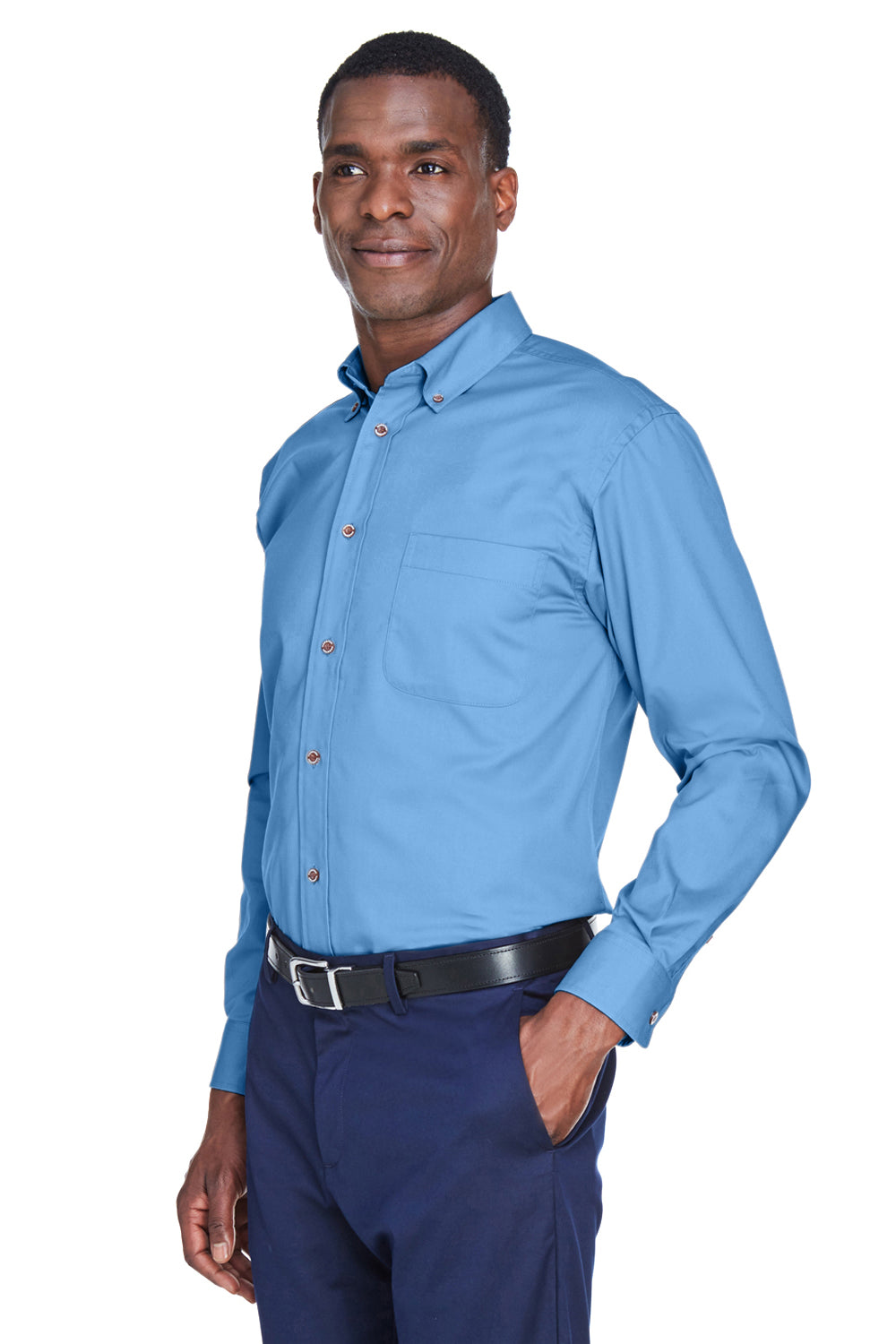 Harriton M500/M500T Mens Wrinkle Resistant Long Sleeve Button Down Shirt w/ Pocket Light College Blue Model 3q