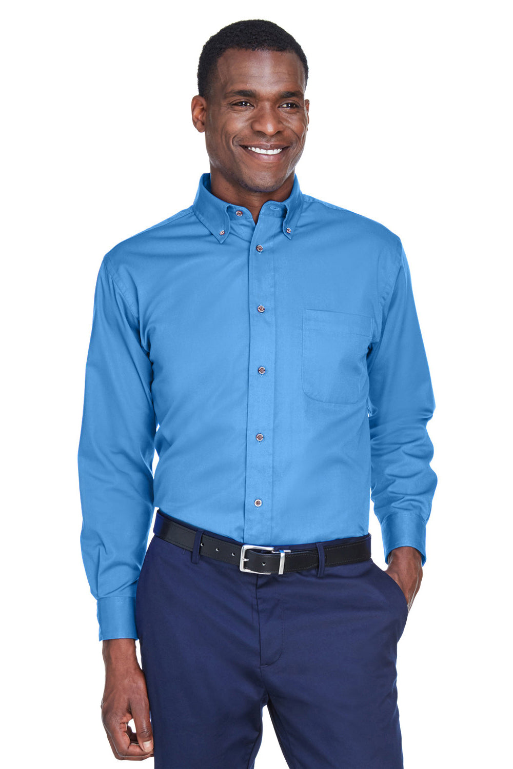 Harriton M500/M500T Mens Wrinkle Resistant Long Sleeve Button Down Shirt w/ Pocket Nautical Blue Model Front