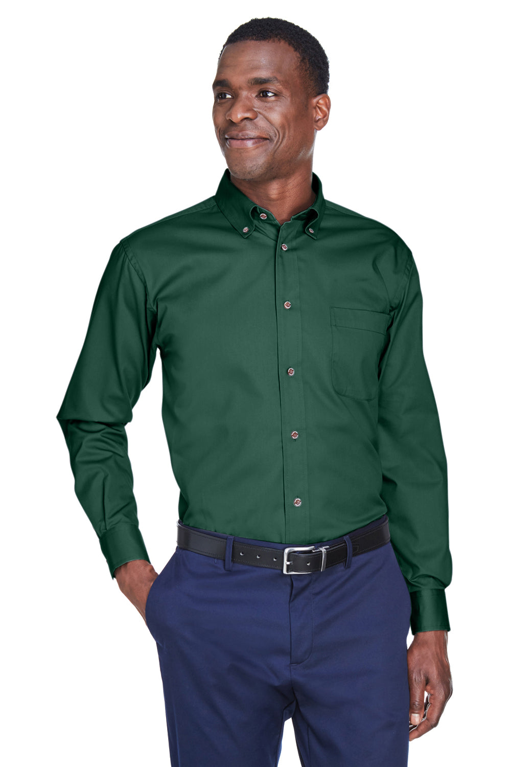 Harriton M500/M500T Mens Wrinkle Resistant Long Sleeve Button Down Shirt w/ Pocket Hunter Green Model Front