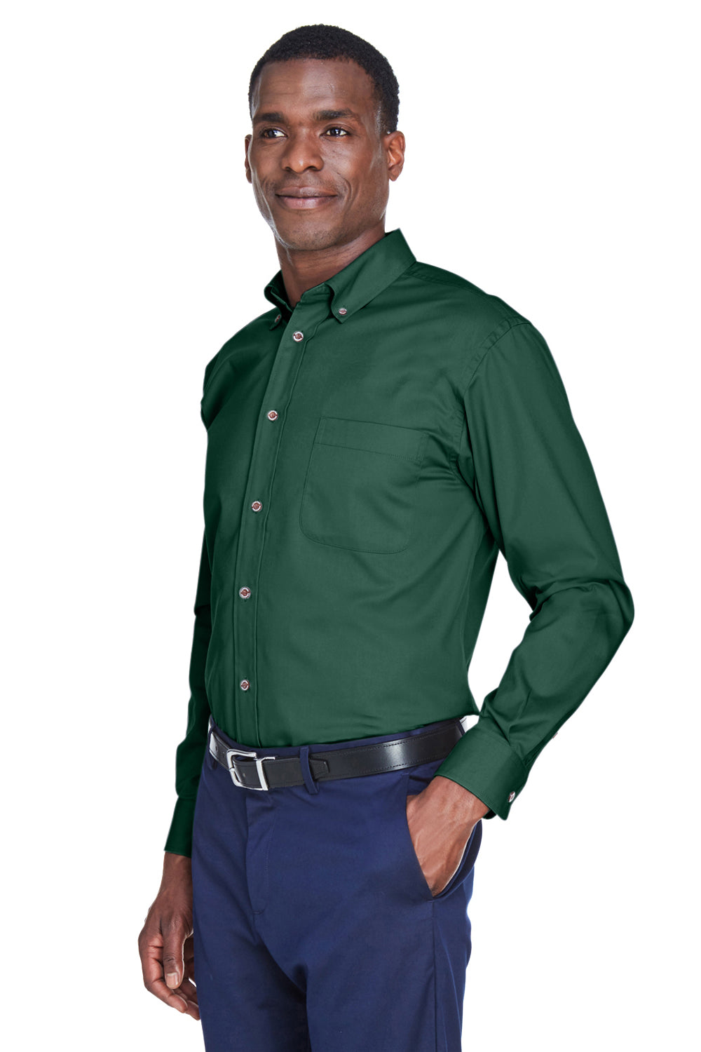 Harriton M500/M500T Mens Wrinkle Resistant Long Sleeve Button Down Shirt w/ Pocket Hunter Green Model 3q