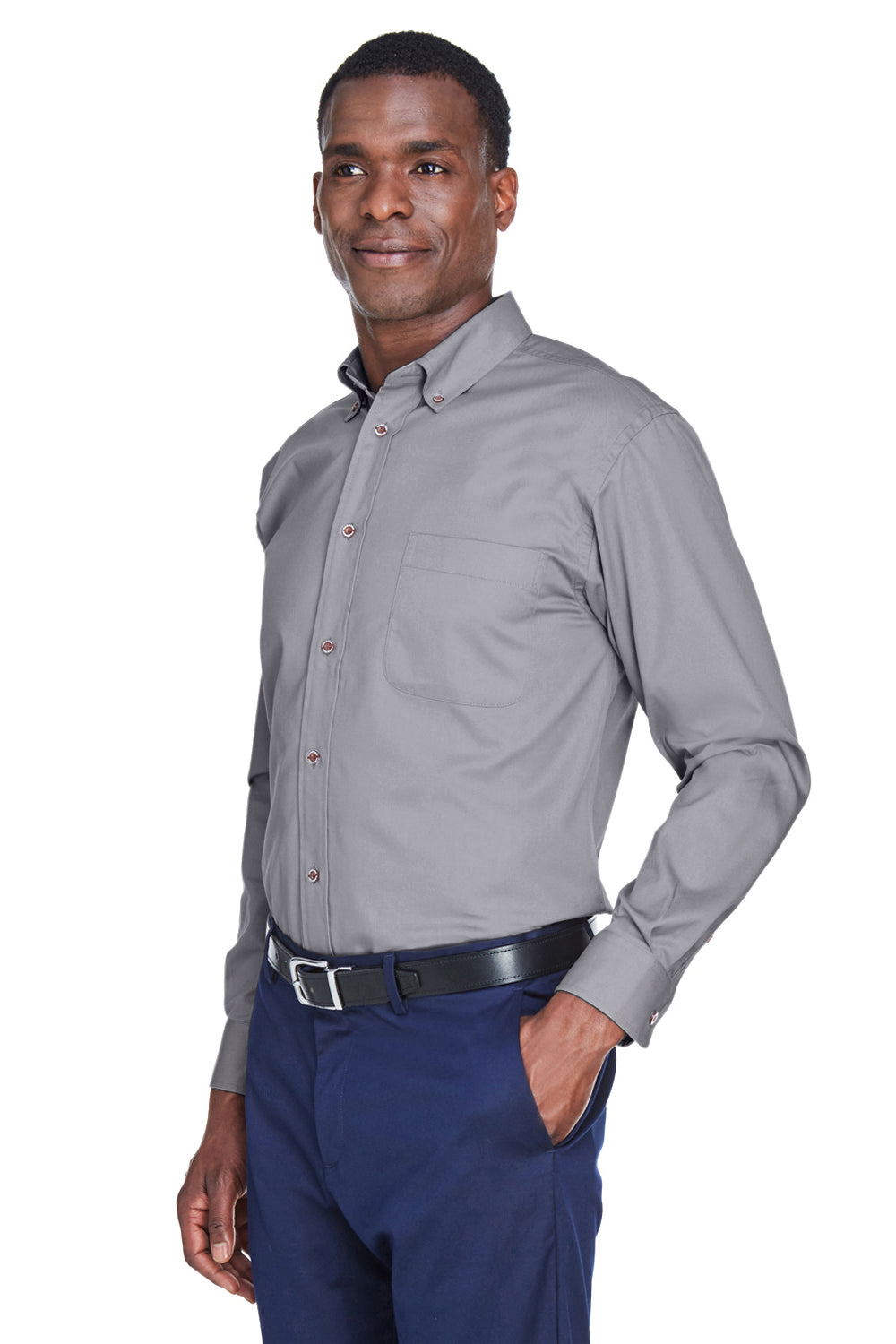 Harriton M500/M500T Mens Wrinkle Resistant Long Sleeve Button Down Shirt w/ Pocket Dark Grey Model 3q