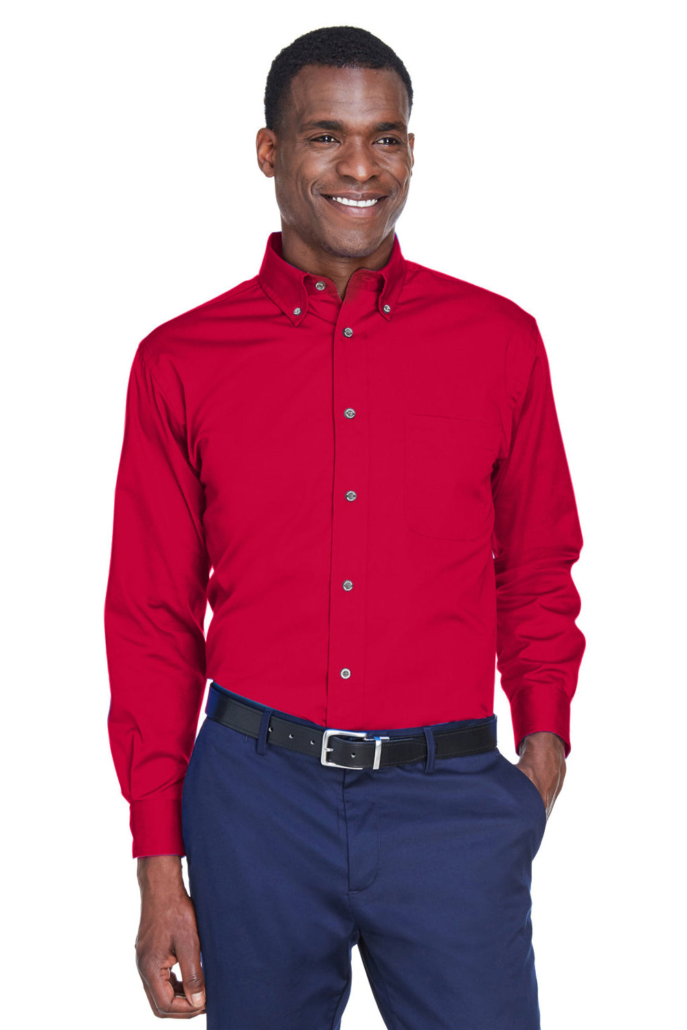 Harriton M500/M500T Mens Wrinkle Resistant Long Sleeve Button Down Shirt w/ Pocket Red Model Front