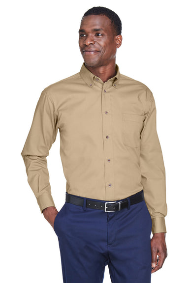 Harriton M500/M500T Mens Wrinkle Resistant Long Sleeve Button Down Shirt w/ Pocket Stone Model Front