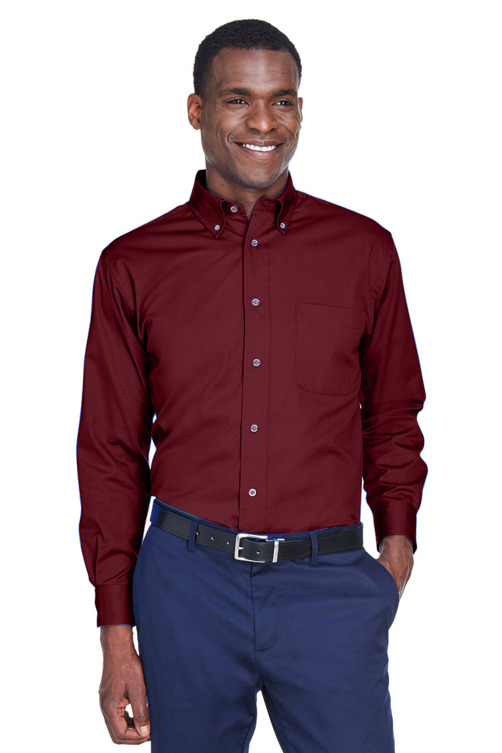 Harriton M500/M500T Mens Wrinkle Resistant Long Sleeve Button Down Shirt w/ Pocket Wine Model Front