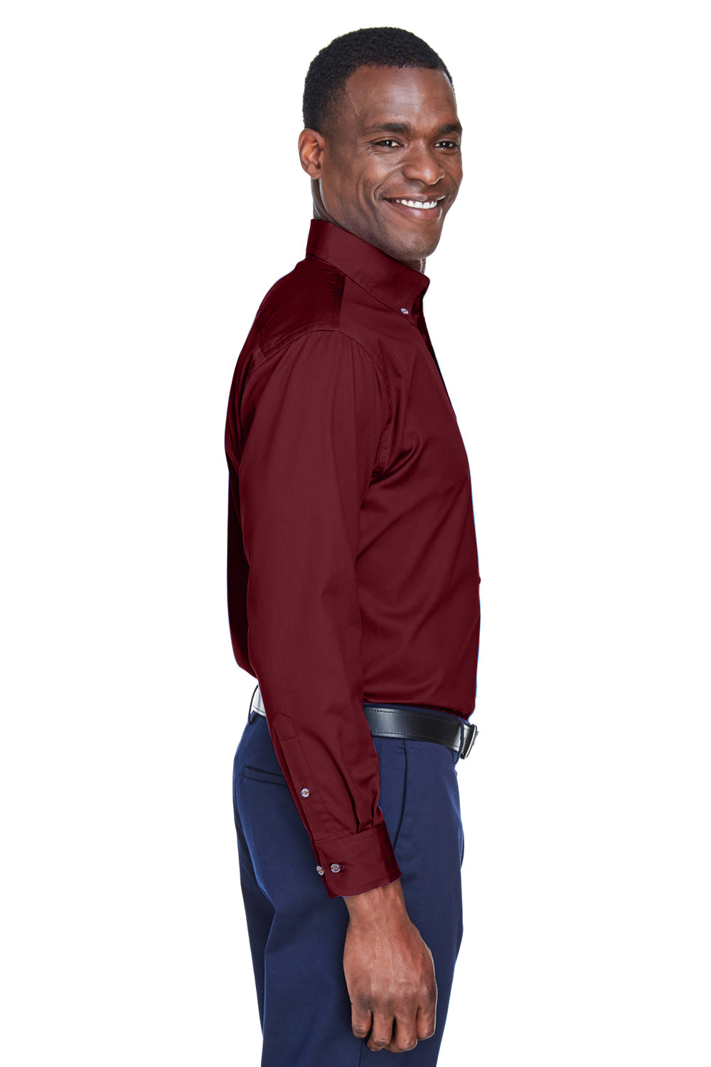 Harriton M500/M500T Mens Wrinkle Resistant Long Sleeve Button Down Shirt w/ Pocket Wine Model Side