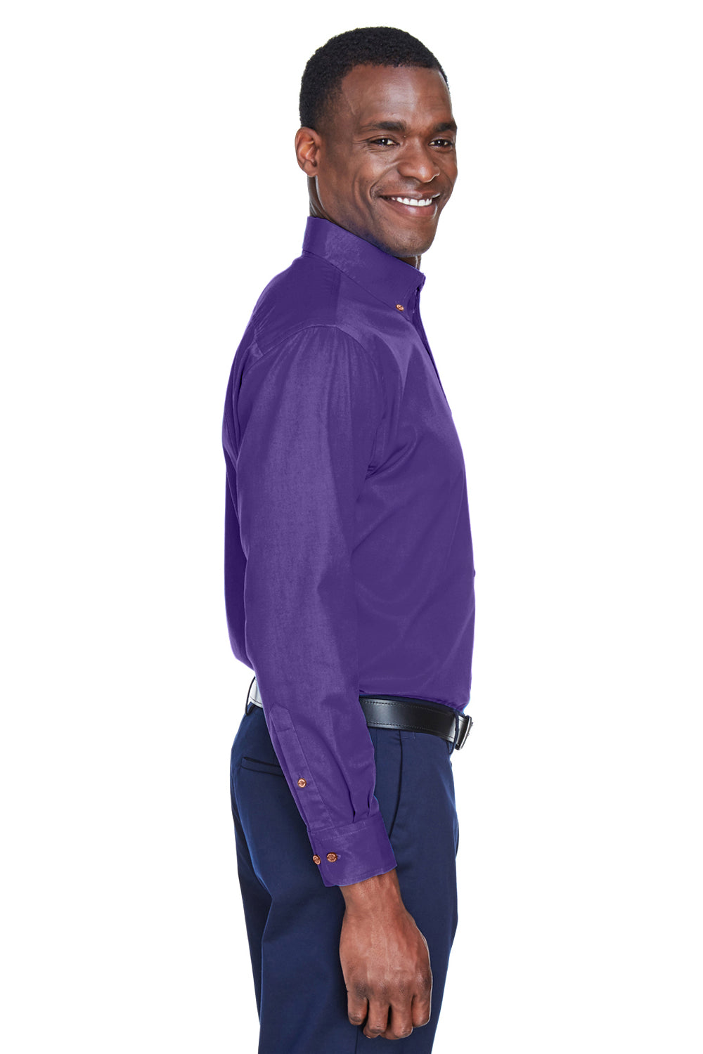 Harriton M500/M500T Mens Wrinkle Resistant Long Sleeve Button Down Shirt w/ Pocket Team Purple Model Side