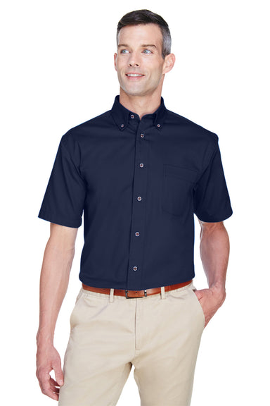 Harriton M500S Mens Wrinkle Resistant Short Sleeve Button Down Shirt w/ Pocket Navy Blue Model Front