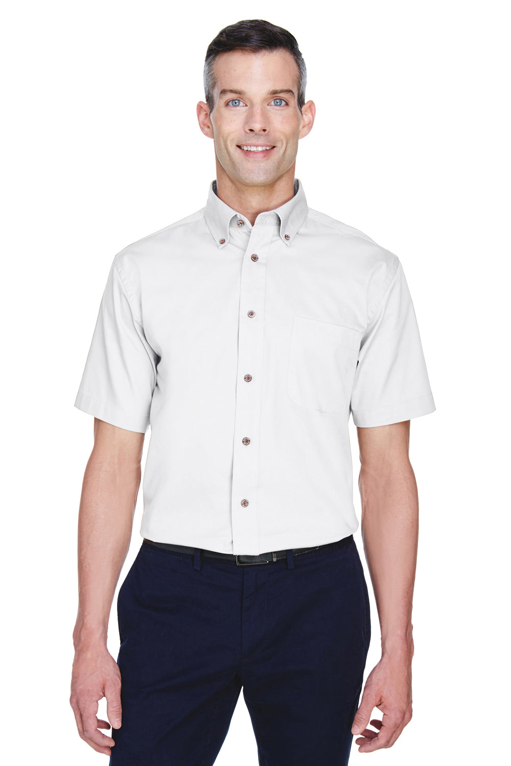 Harriton M500S Mens Wrinkle Resistant Short Sleeve Button Down Shirt w/ Pocket White Model Front