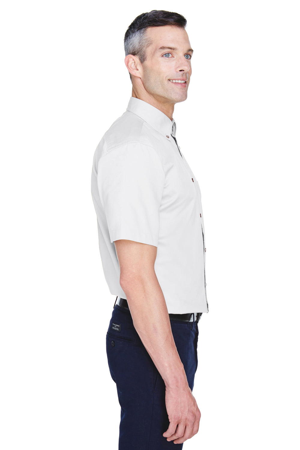 Harriton M500S Mens Wrinkle Resistant Short Sleeve Button Down Shirt w/ Pocket White Model Side