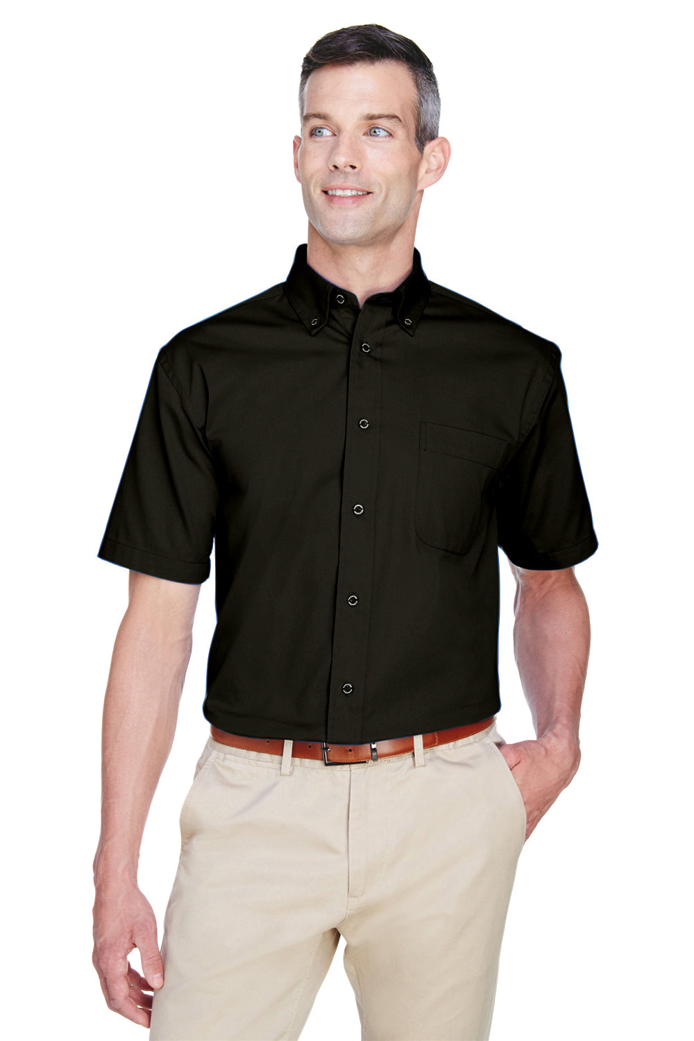 Harriton M500S Mens Wrinkle Resistant Short Sleeve Button Down Shirt w/ Pocket Black Model Front