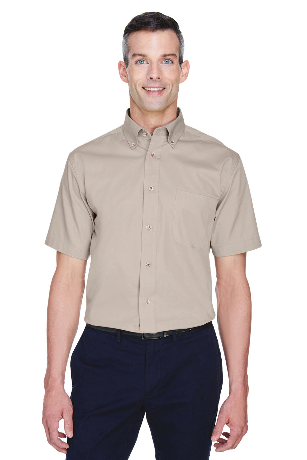 Harriton M500S Mens Wrinkle Resistant Short Sleeve Button Down Shirt w/ Pocket Stone Model Front