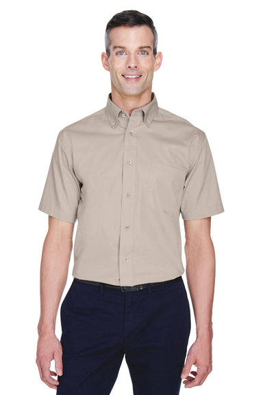 Harriton M500S Mens Wrinkle Resistant Short Sleeve Button Down Shirt w/ Pocket Stone Model Front