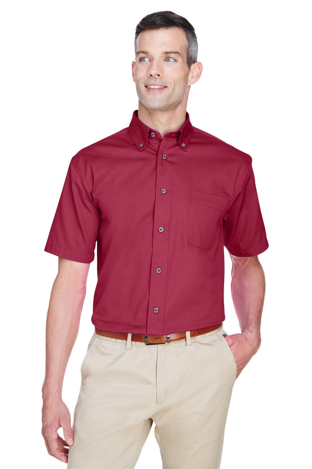 Harriton M500S Mens Wrinkle Resistant Short Sleeve Button Down Shirt w/ Pocket Wine Model Front