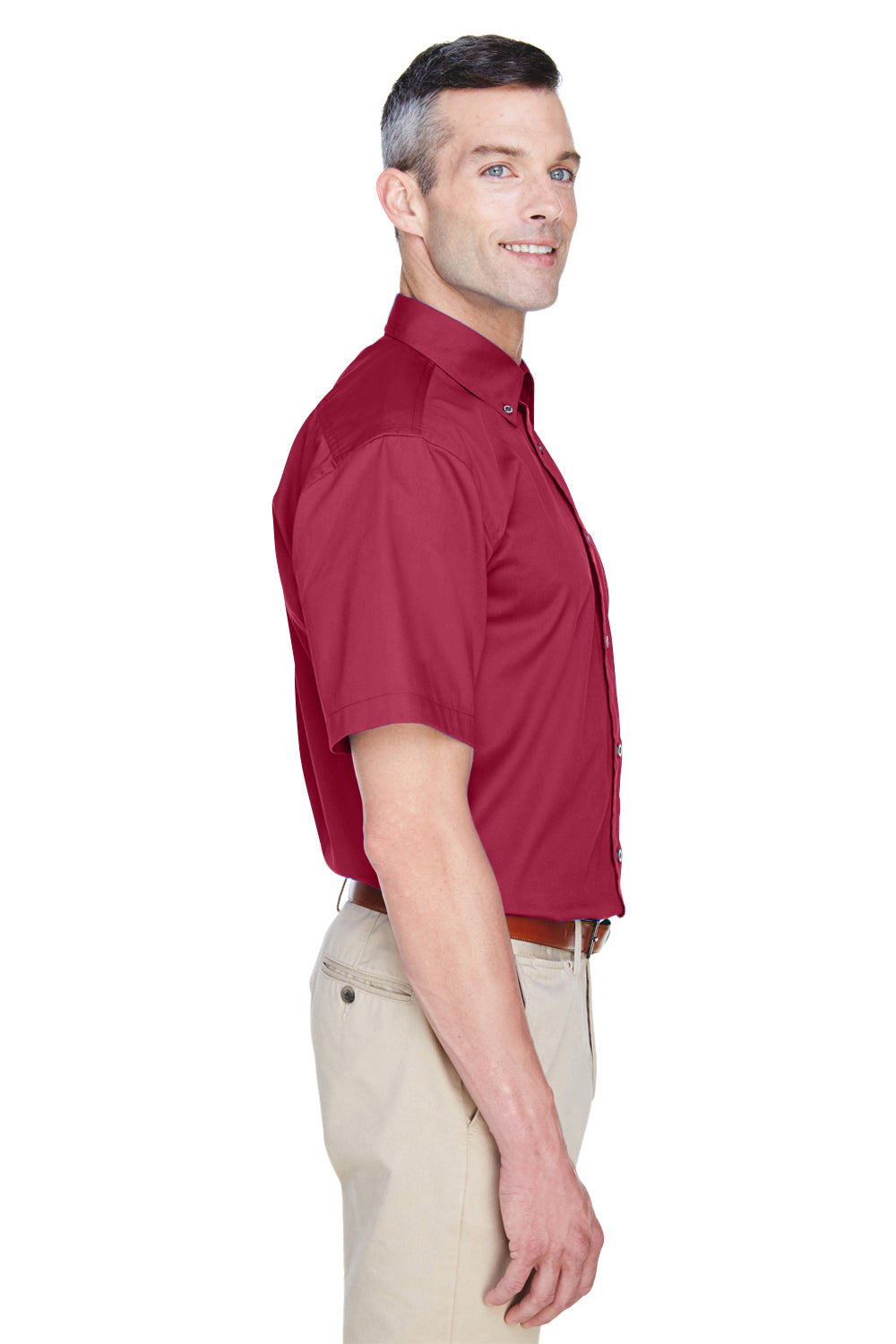 Harriton M500S Mens Wrinkle Resistant Short Sleeve Button Down Shirt w/ Pocket Wine Model Side