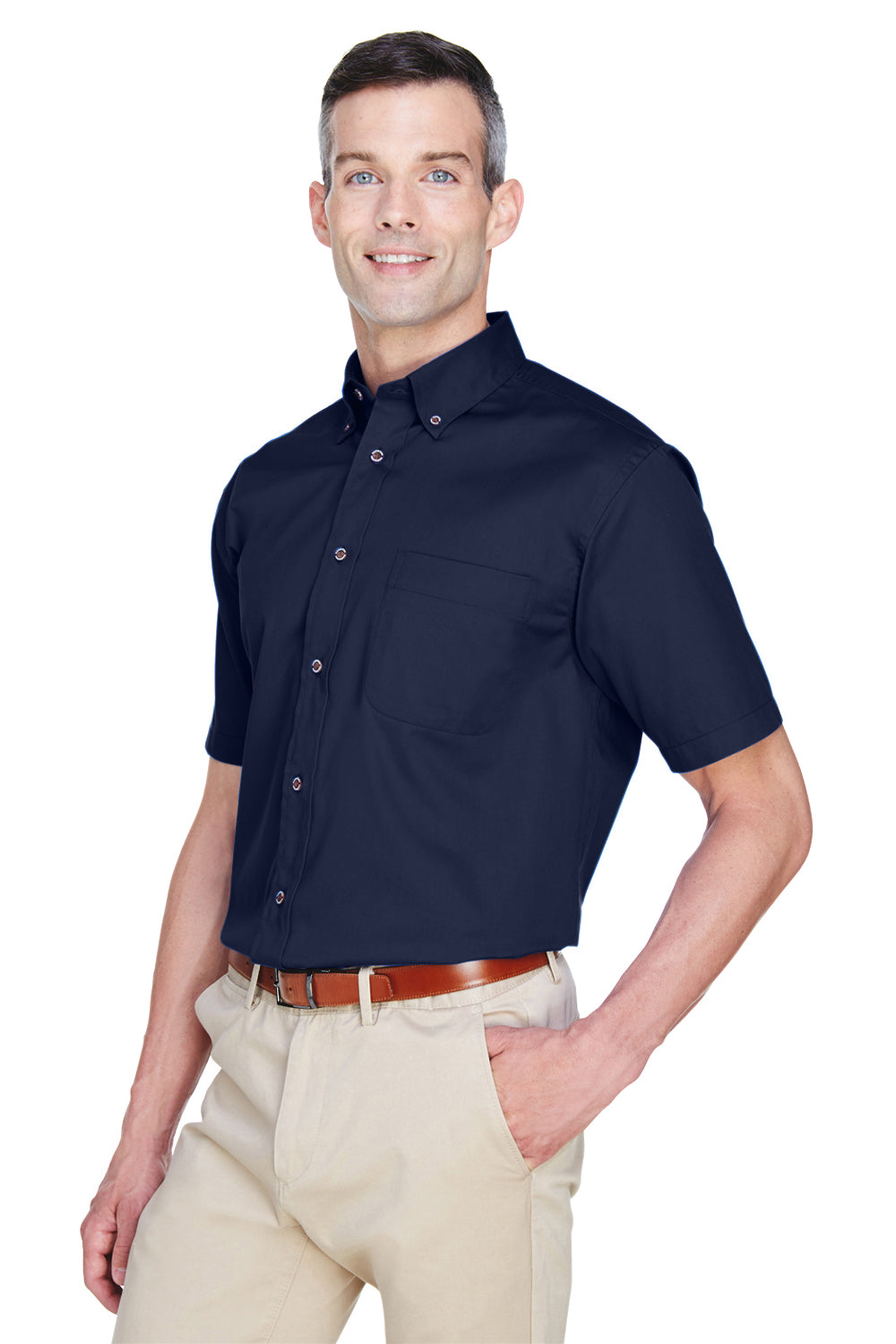 Harriton M500S Mens Wrinkle Resistant Short Sleeve Button Down Shirt w/ Pocket Navy Blue Model 3q