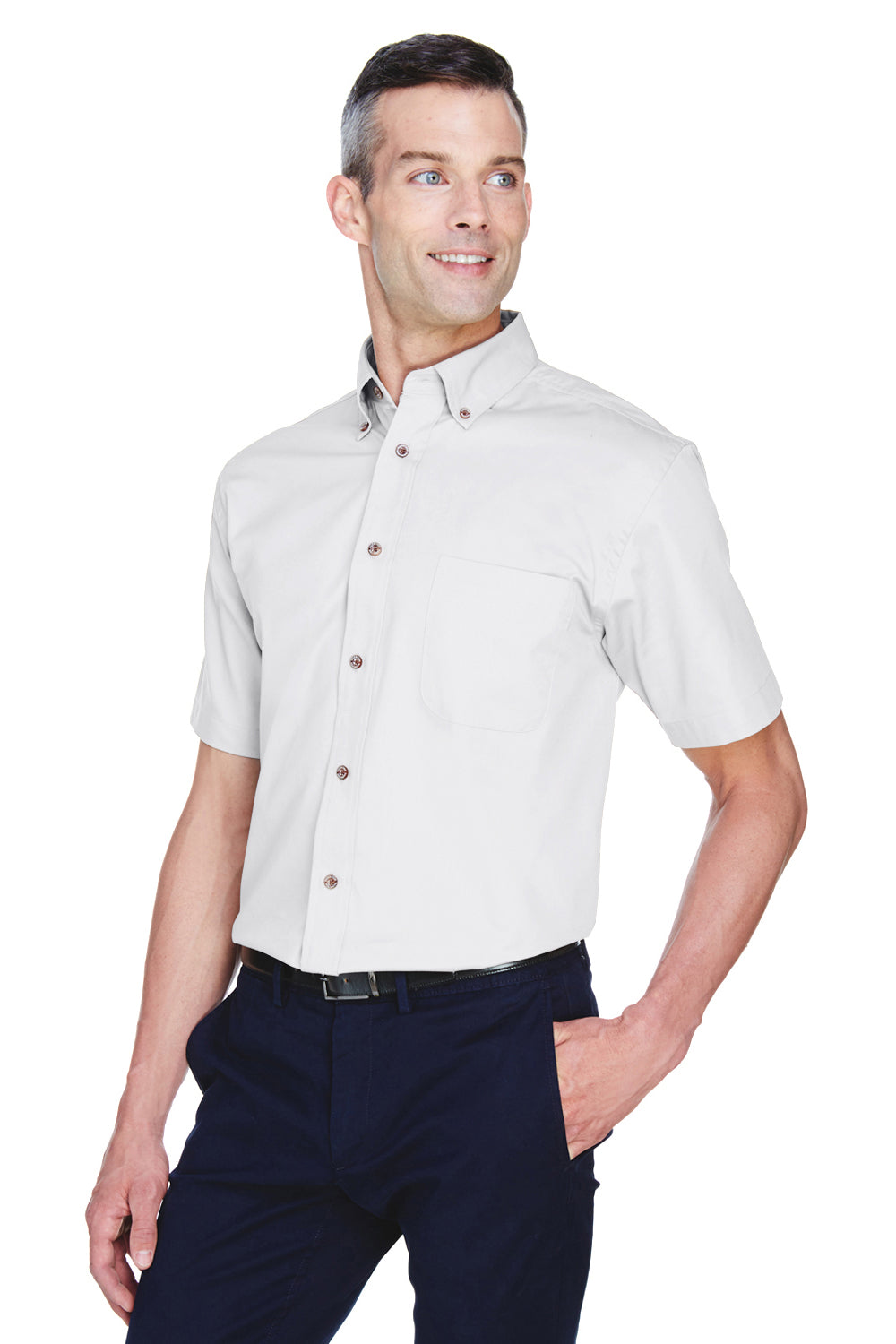 Harriton M500S Mens Wrinkle Resistant Short Sleeve Button Down Shirt w/ Pocket White Model 3q