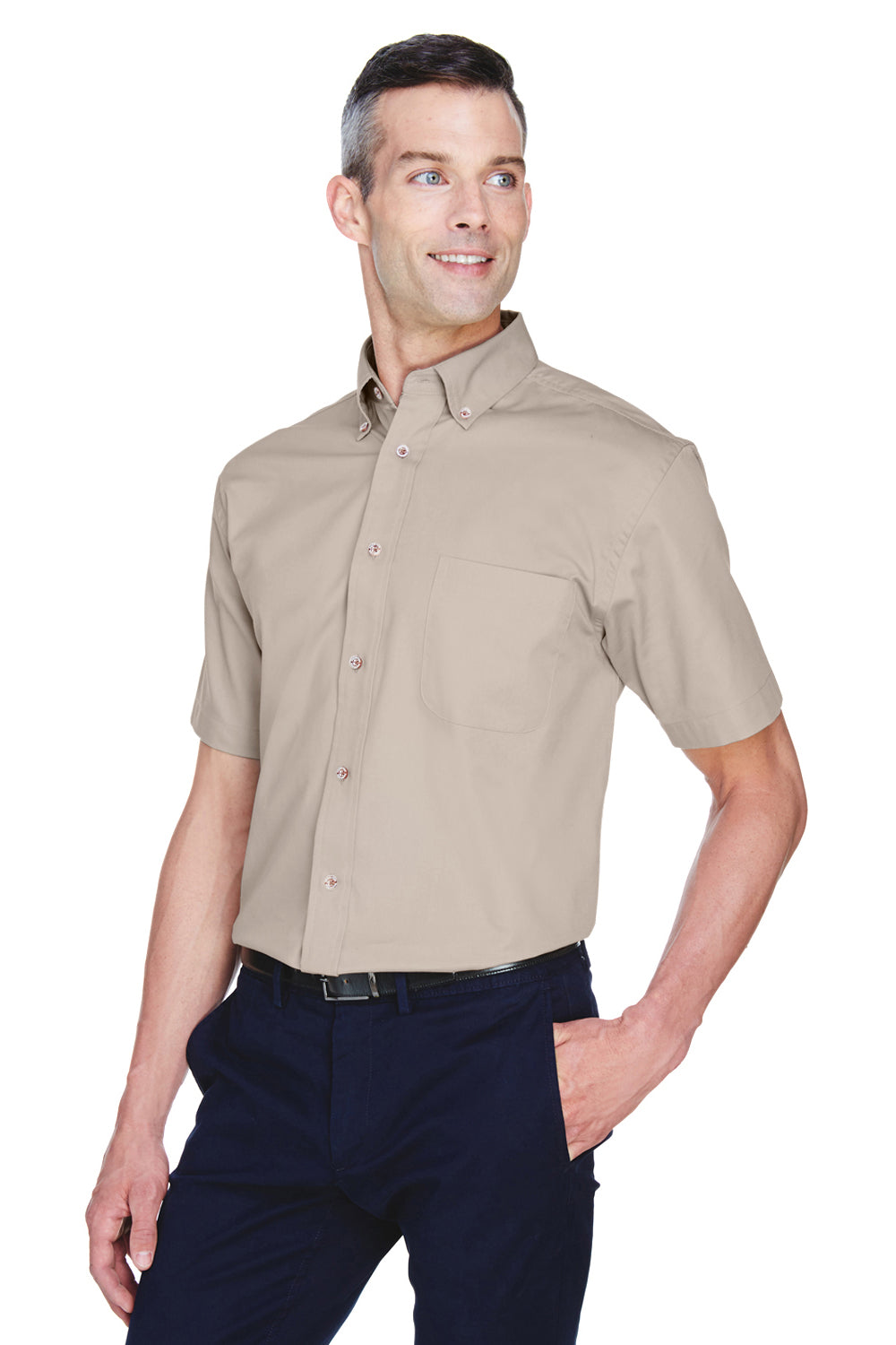 Harriton M500S Mens Wrinkle Resistant Short Sleeve Button Down Shirt w/ Pocket Stone Model 3q