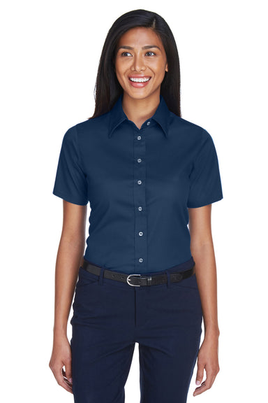 Harriton M500SW Womens Wrinkle Resistant Short Sleeve Button Down Shirt Navy Blue Model Front