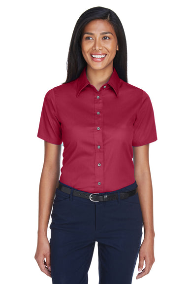 Harriton M500SW Womens Wrinkle Resistant Short Sleeve Button Down Shirt Wine Model Front